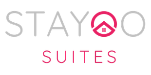 STAYOO Suites logo in gray and pink with a house icon inside the “O”