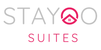 STAYOO Suites logo in gray and pink with a house icon inside the “O”