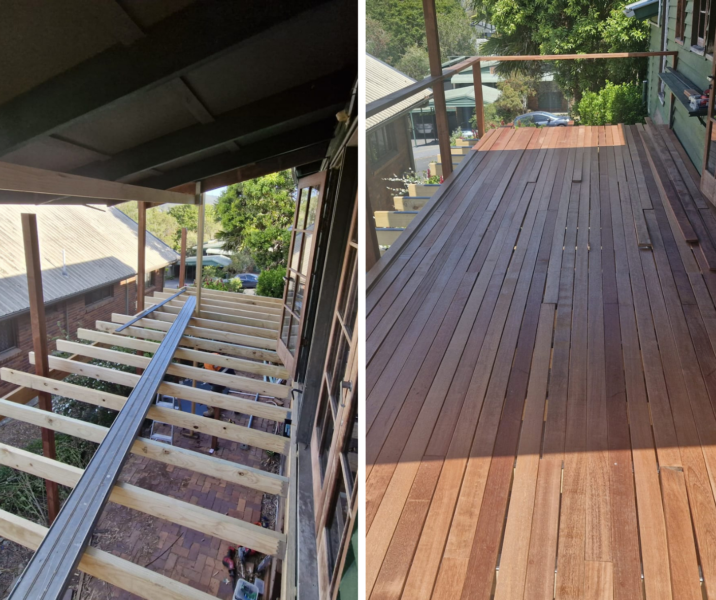 Split view of a wooden deck under construction and a finished wooden deck with railings and stairs