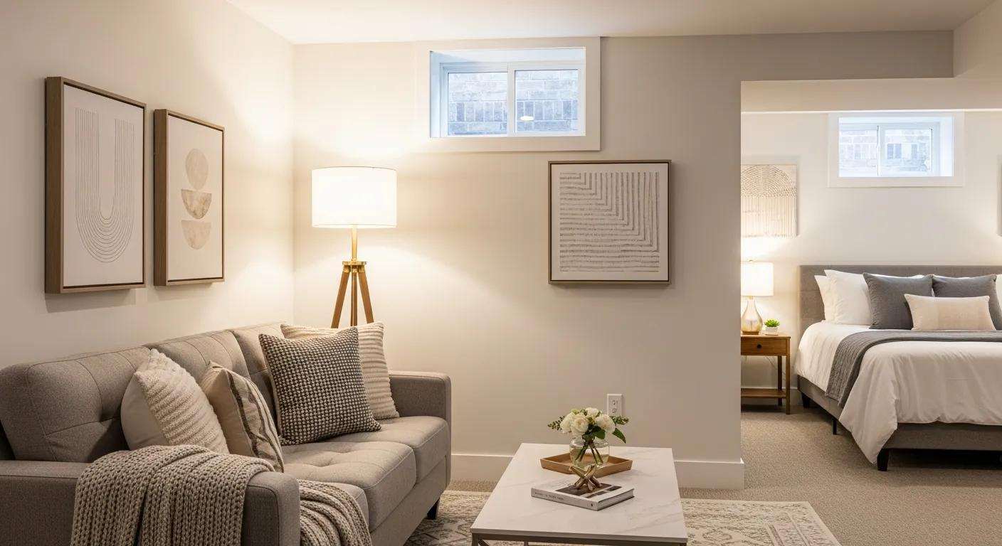 Cozy, modern basement apartment with living room and bedroom, neutral tones, and minimal decor.