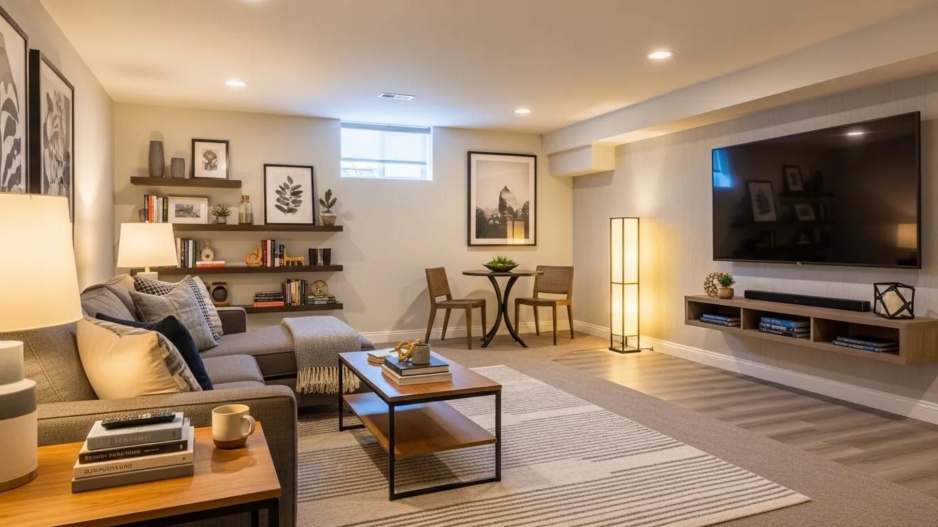 Cozy modern living room with gray sectional, wall-mounted TV, patterned rug, and warm lamp lighting