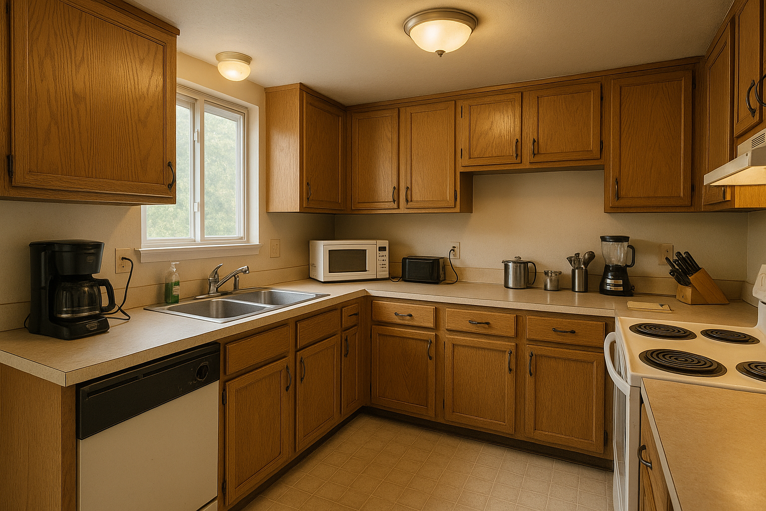A kitchen with wooden cabinets and a microwave.