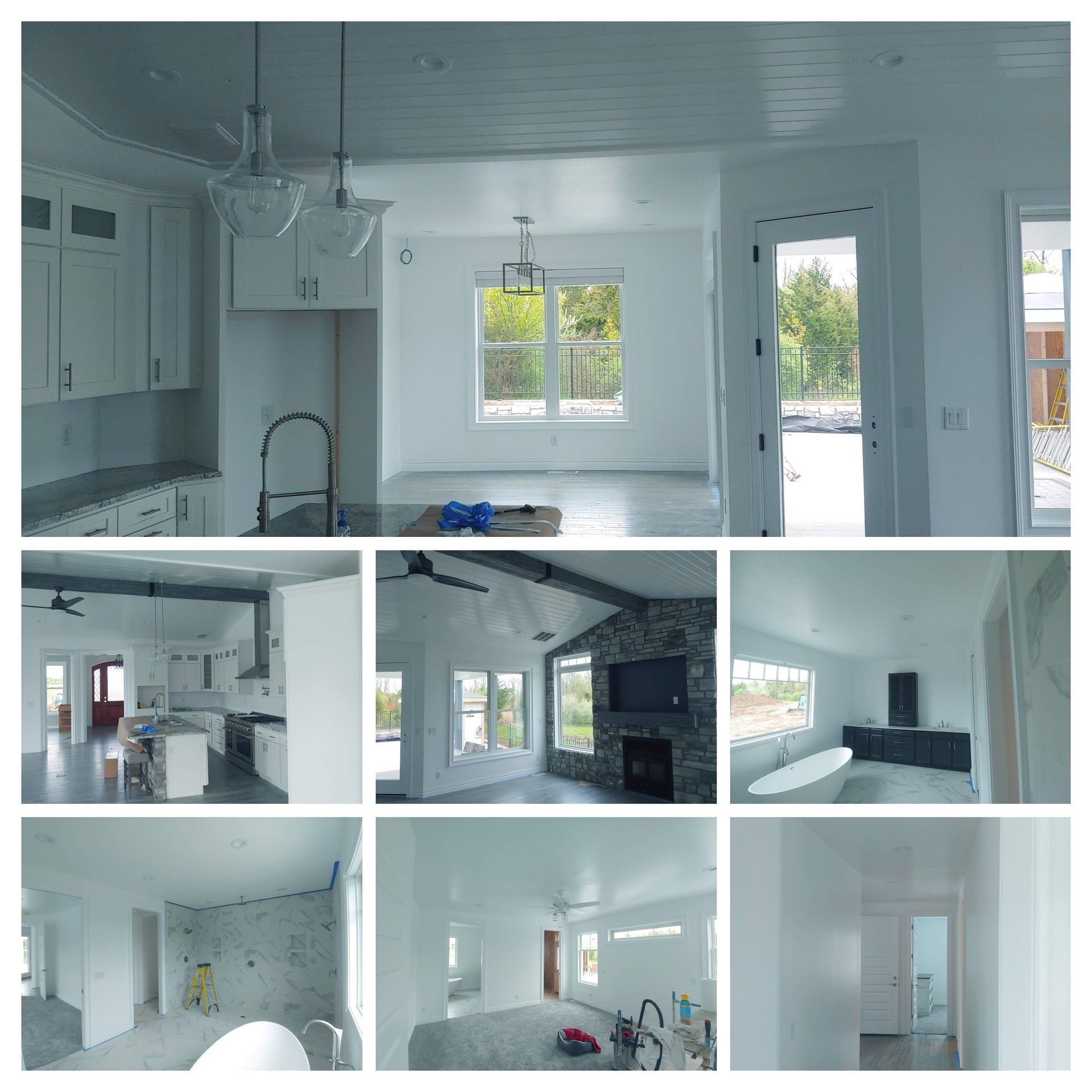 A collage of photos showing the bright, modern interior of a house under construction with white walls and fixtures.