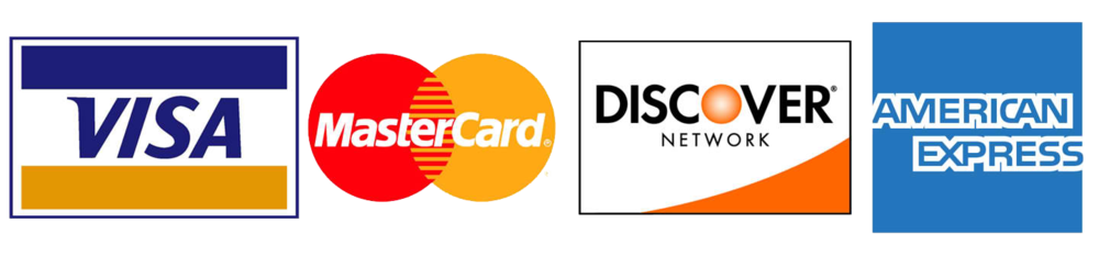 Accepted payment methods: Visa, MasterCard, Discover Network, and American Express logos.