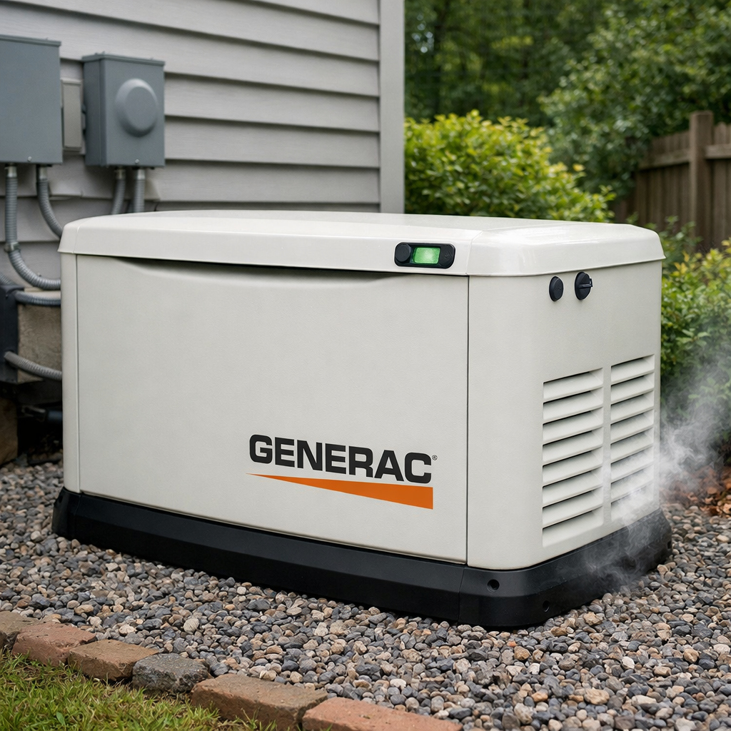 A Generac home backup generator on gravel next to a house, with vapor emitting.