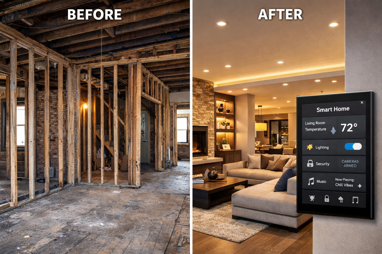 Before/after interior renovation: bare wooden frame to a modern living room with smart home control panel.