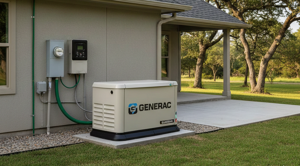 Generac home generator next to a house with electrical components and a patio in a grassy yard.