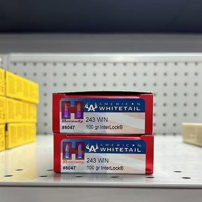 Two boxes of Hornady American Whitetail 243 WIN 100 gr InterLock ammunition stacked on a shelf.