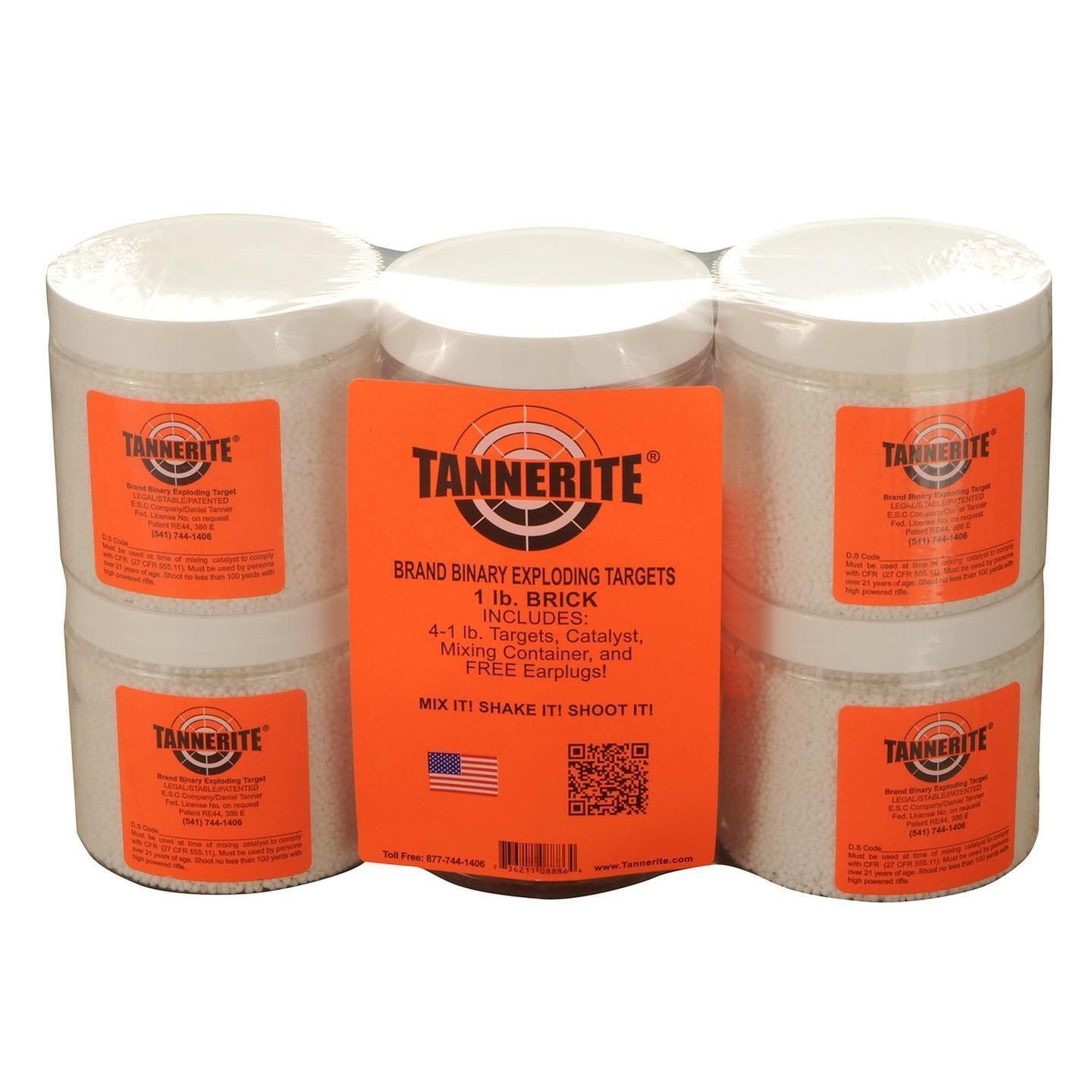 Six white Tannerite explosive targets, packaged together. Orange label.