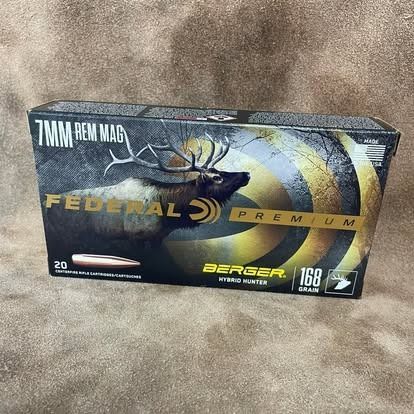 Box of Federal Premium 7mm Rem Mag ammunition with elk graphic.