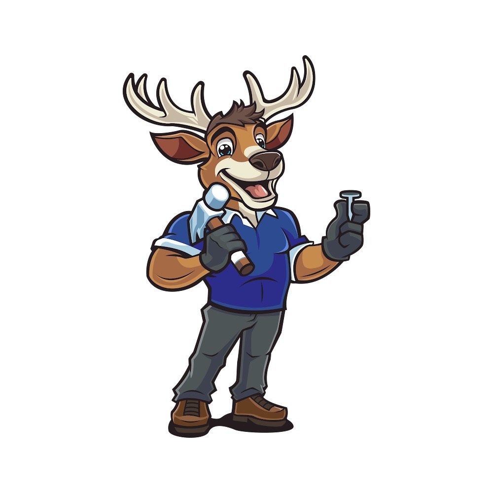 A cartoon deer is holding a hammer and a nail.