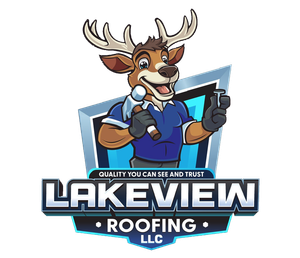 A logo for lakeview roofing llc with a deer holding a hammer.