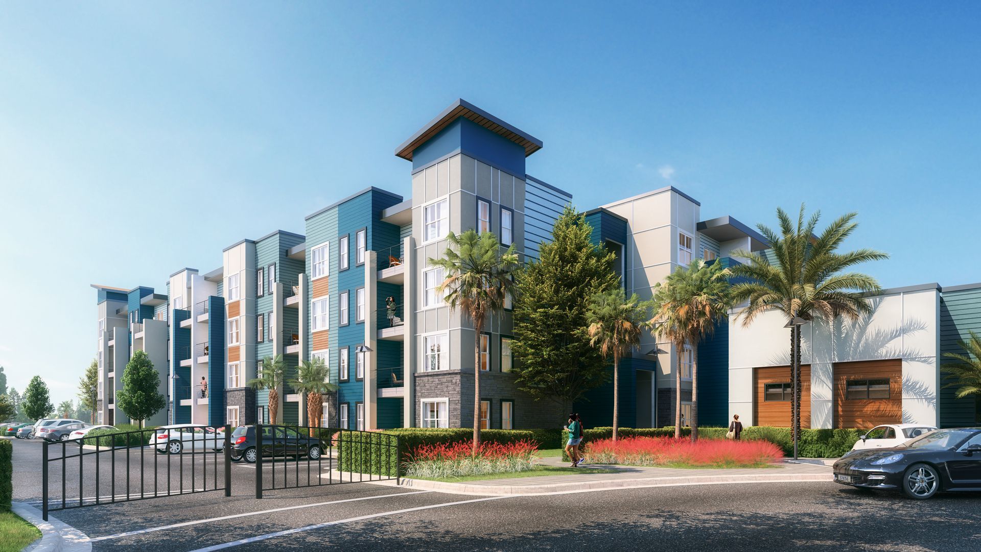 An artist 's impression of a large apartment building with a car parked in front of it.