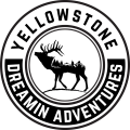 Yellowstone Dreamin Adventures Logo, Bull Elk Silhouette with mountains, stream, & tree scenery