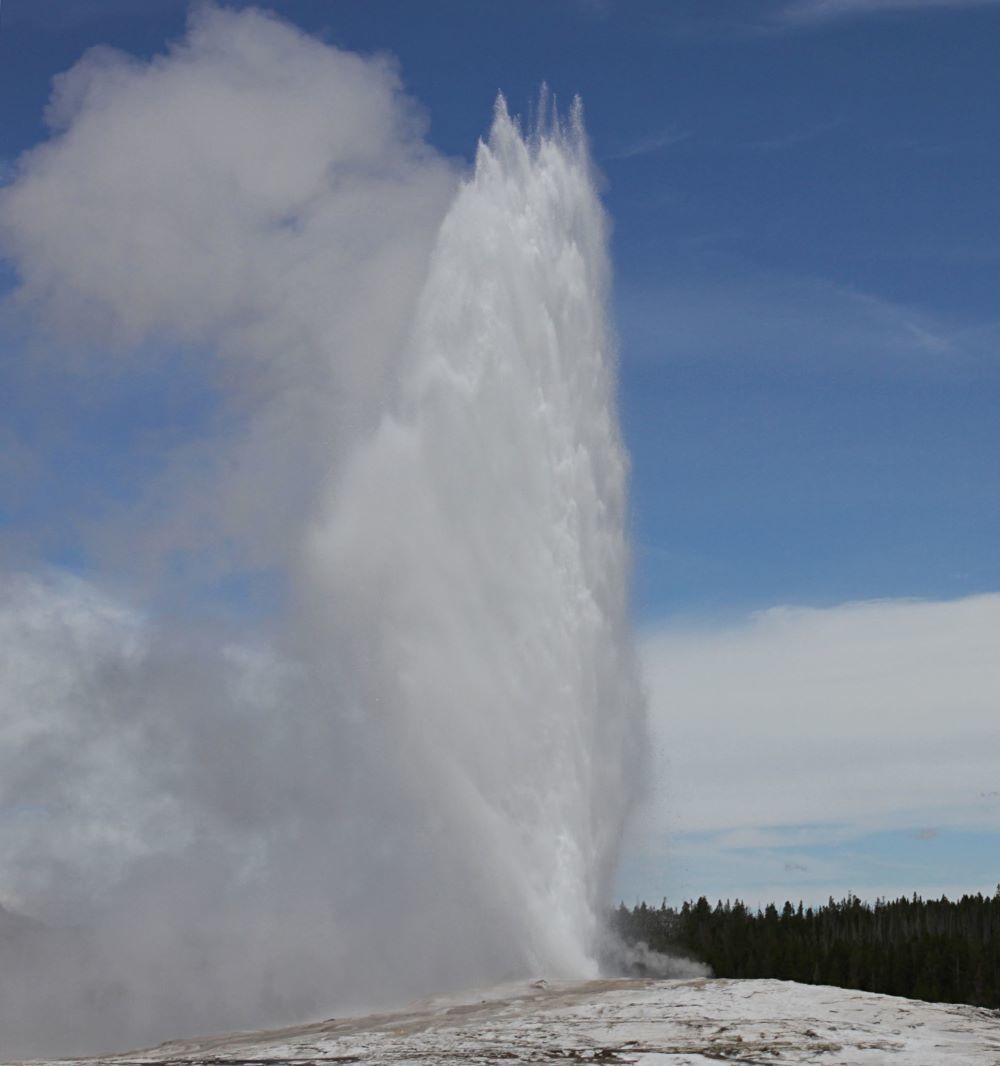 scenic view of old faithful erupting against a blue sky background in the summer