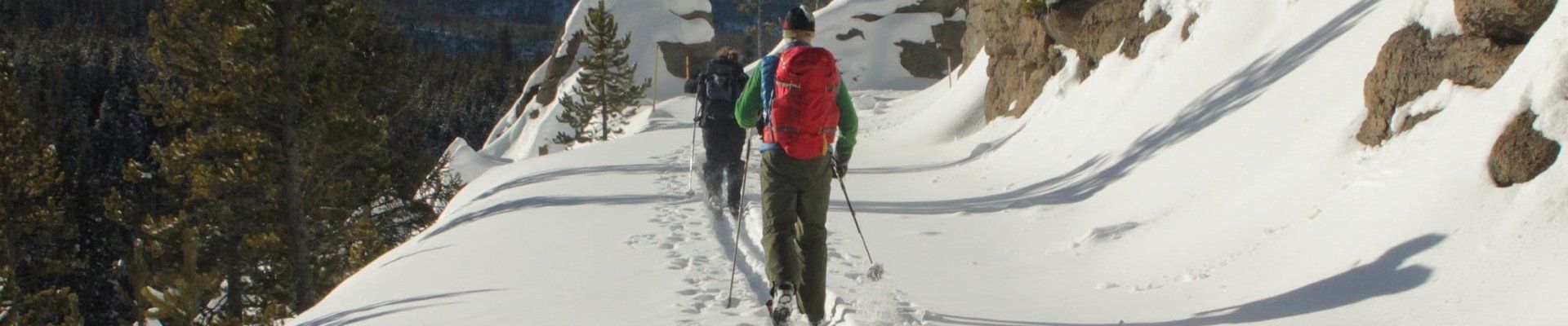 Two cross country skiers on a trail in Yellowstone during the winter