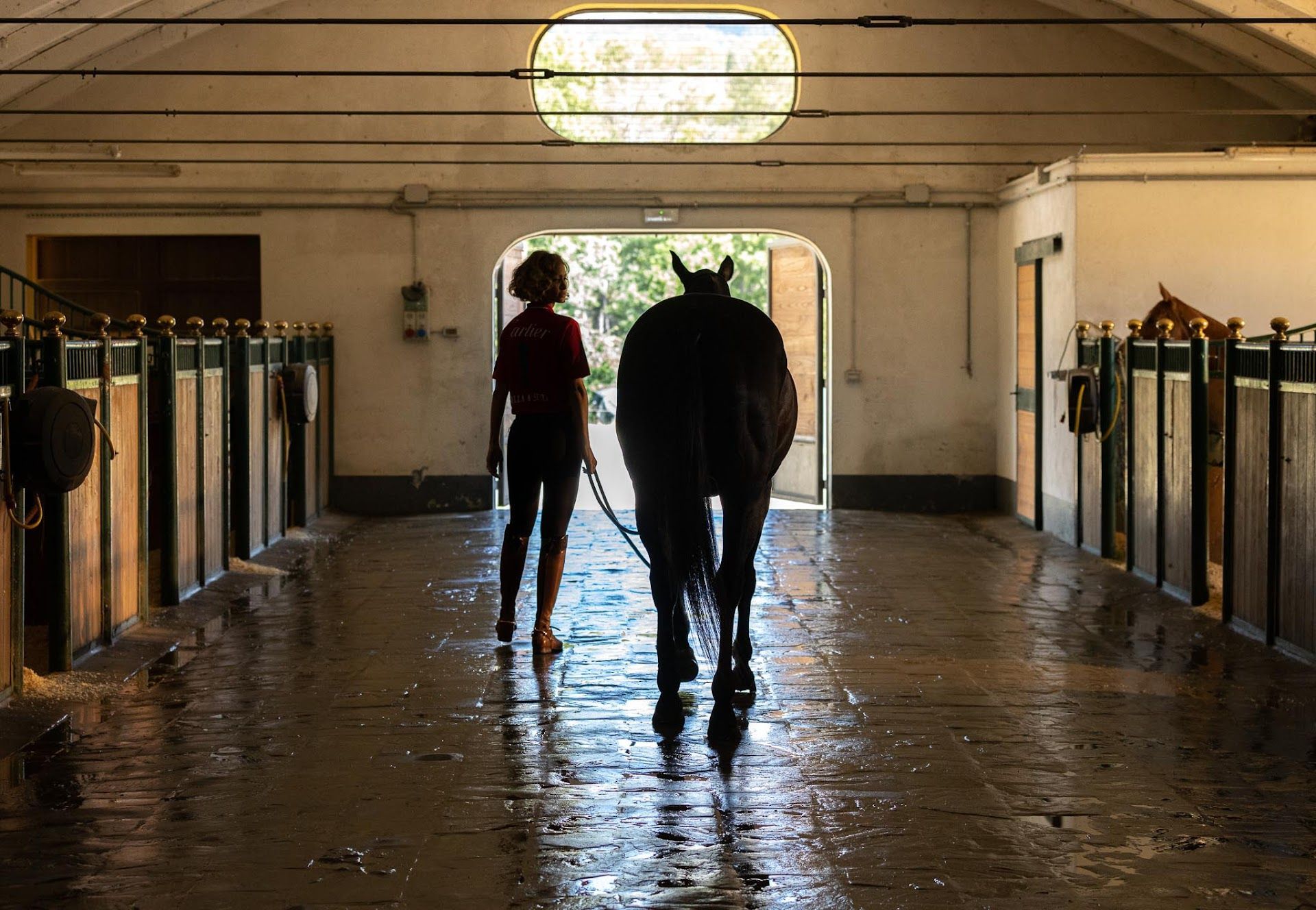A woman is walking a horse in a stable.