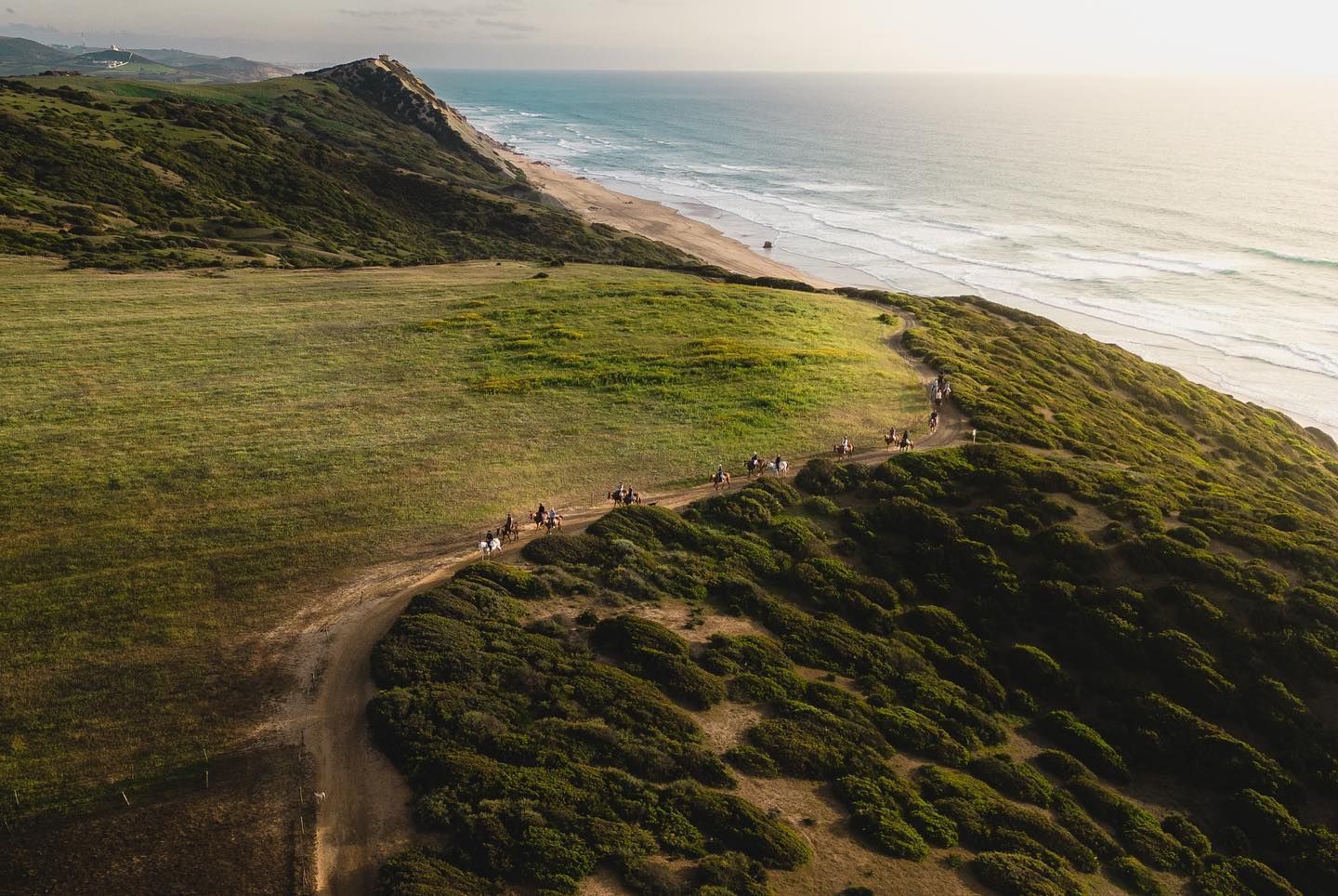 An aerial view of a group of people riding horses on a dirt road near the ocean.
