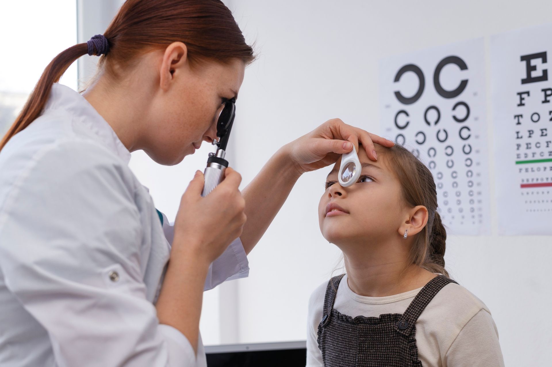 A doctor is examining a little girl 's eye with a magnifying glass.