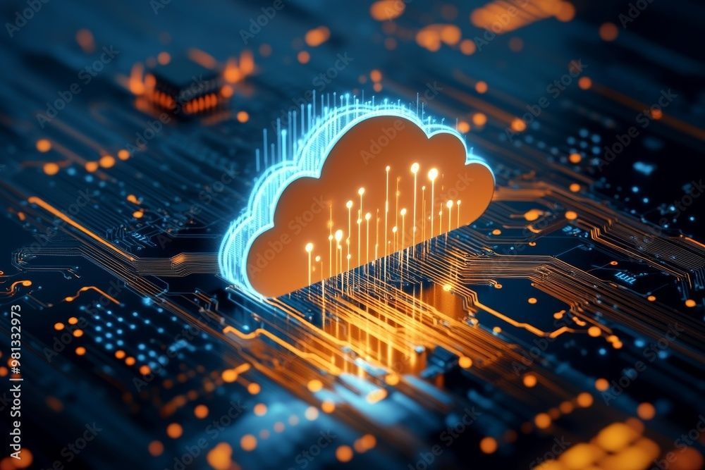 A cloud is sitting on top of a motherboard.