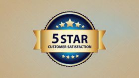 A 5 star customer satisfaction badge with a gold ribbon