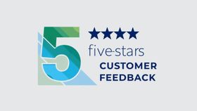 A logo that says five stars customer feedback on a white background.