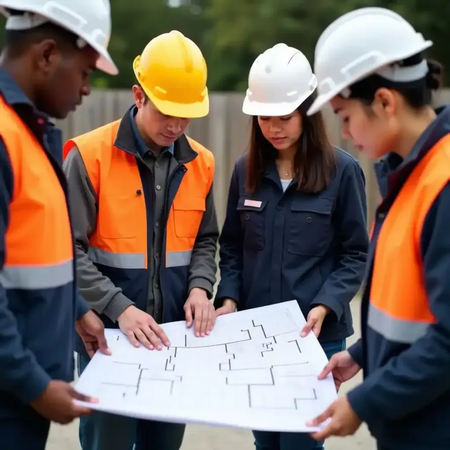 A group of construction workers are looking at a blueprint