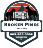 Logo for Broken Pines Dog Camp: dogs, camper, pine tree, sunset, phone number, location.