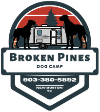 Logo for Broken Pines Dog Camp: dogs, camper, pine tree, sunset, phone number, location.