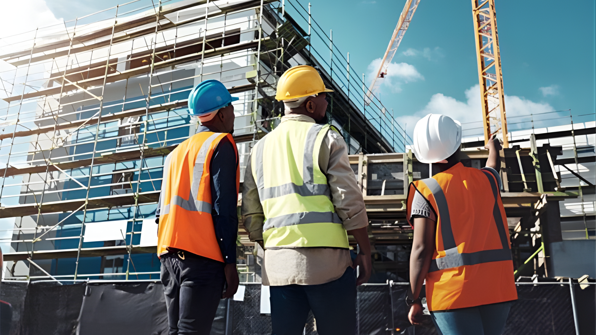 Construction workers in hard hats and safety vests at a building site with scaffolding and cranes