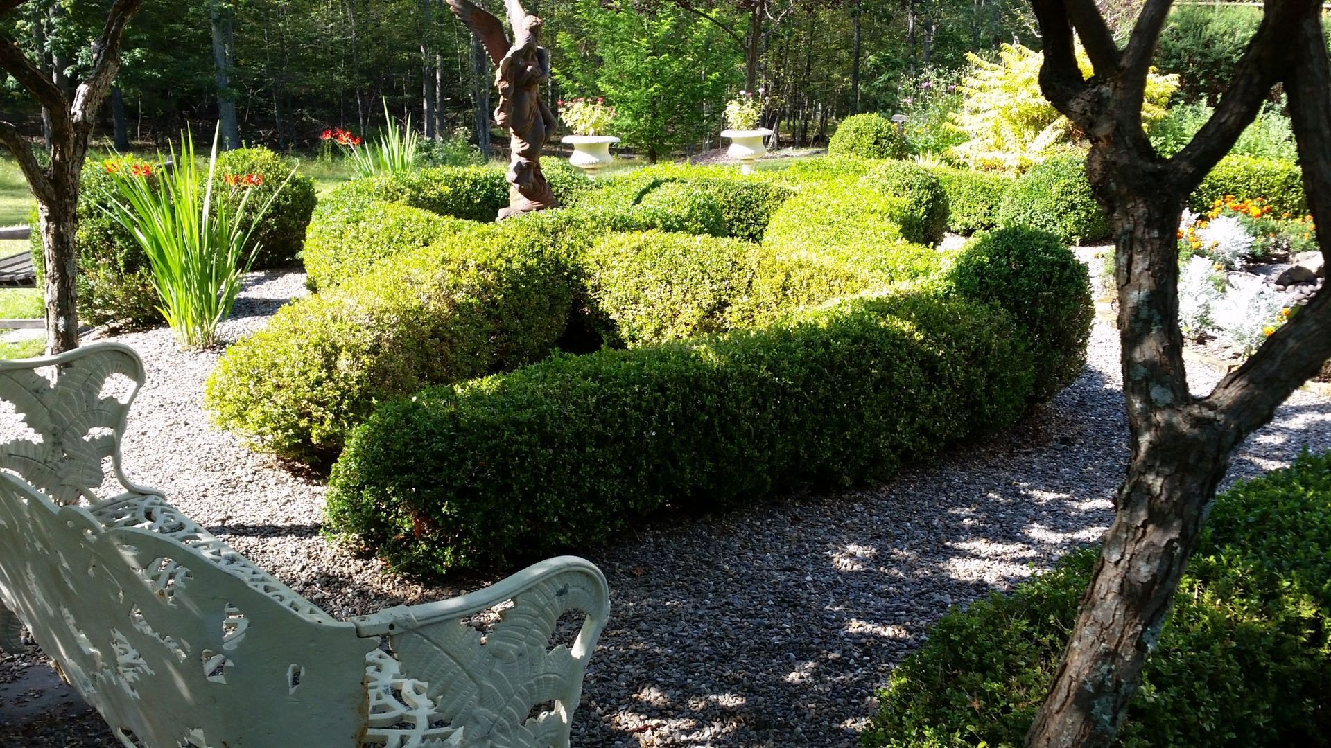 A white bench is sitting in the middle of a garden surrounded by bushes.