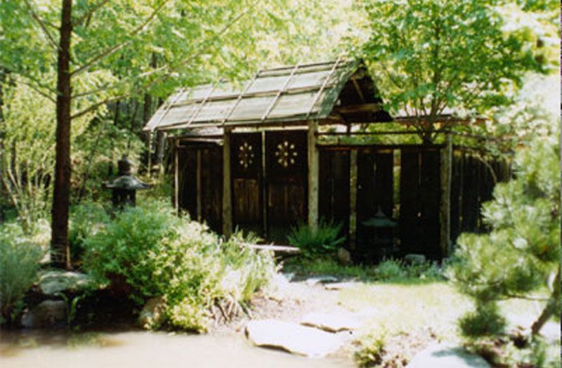 A small wooden hut in the middle of a forest surrounded by trees.