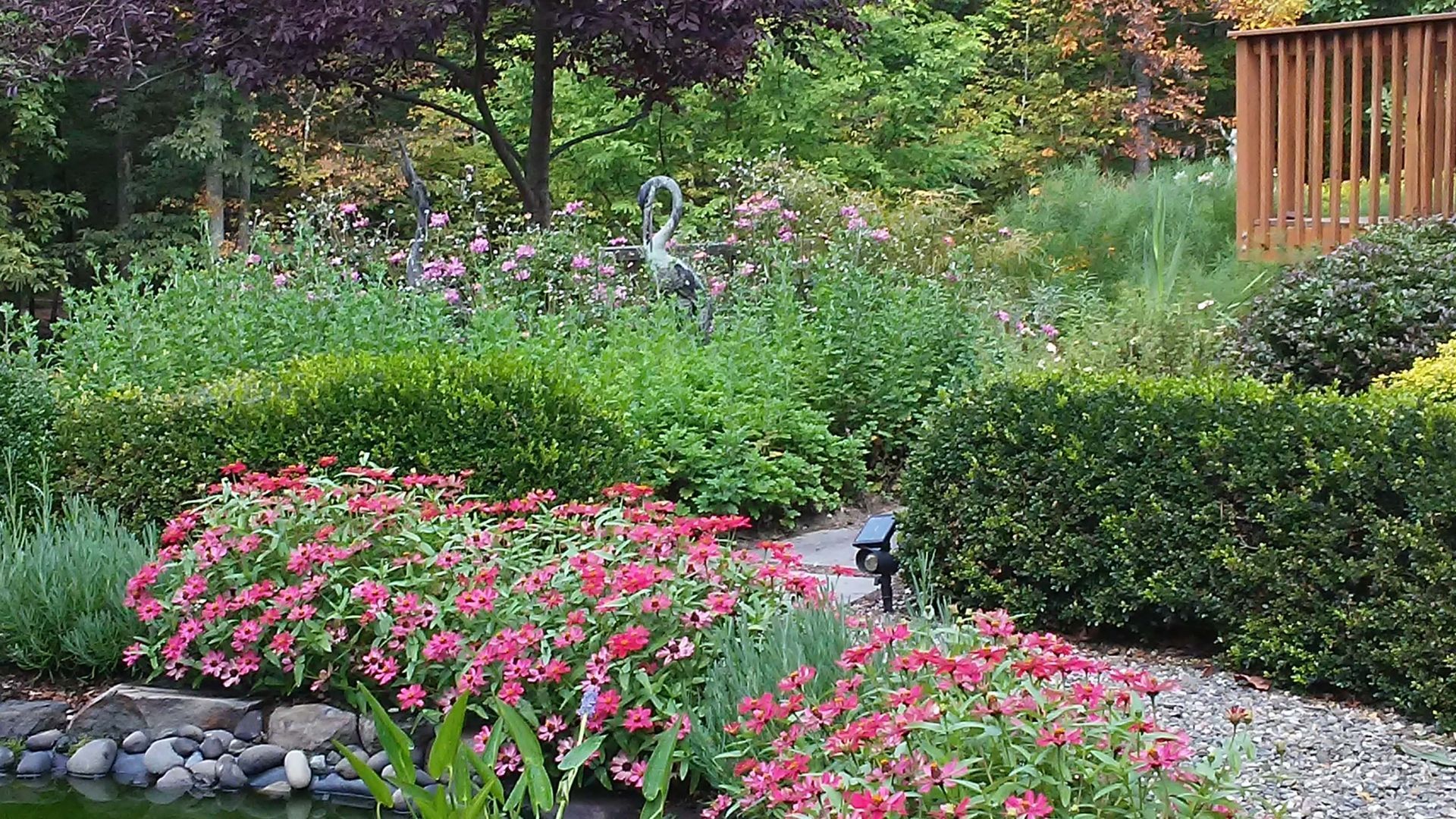 A garden with lots of flowers and trees and a pond.