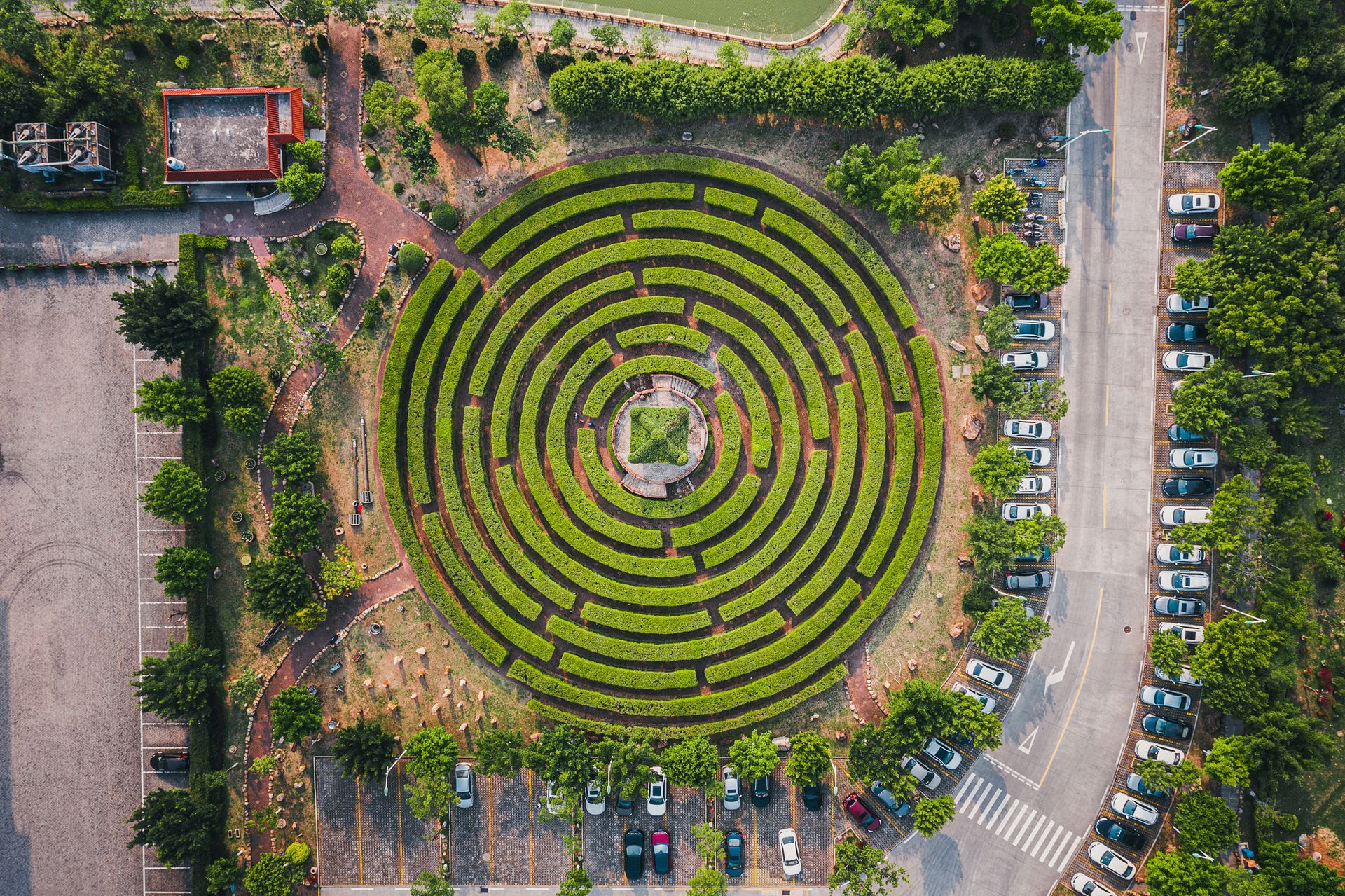 An aerial view of a maze in a park