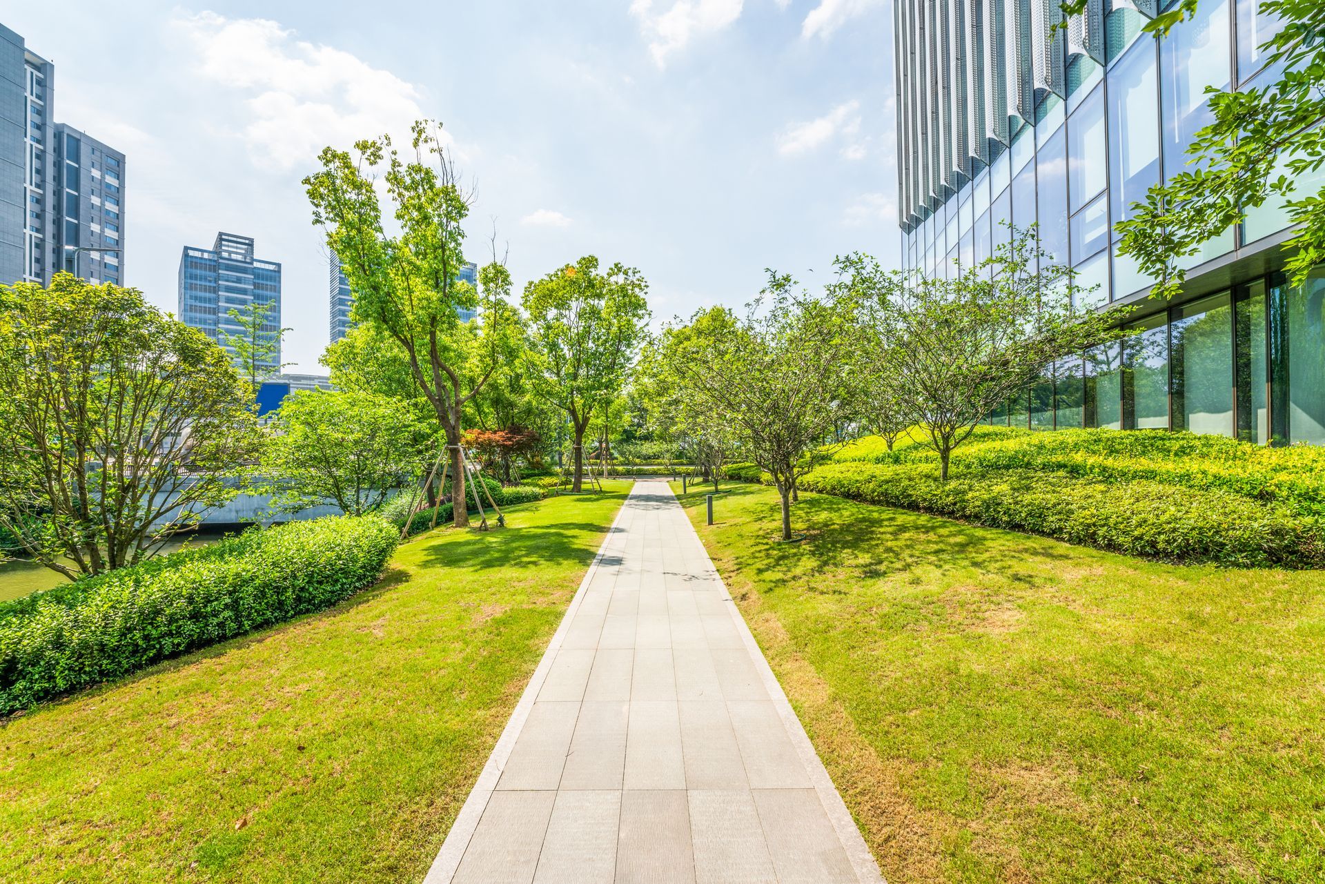 A path leading to a building in a park with trees and bushes.