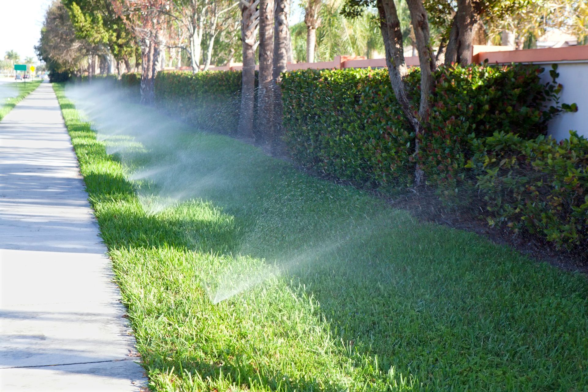 A sprinkler is spraying water on a lush green lawn