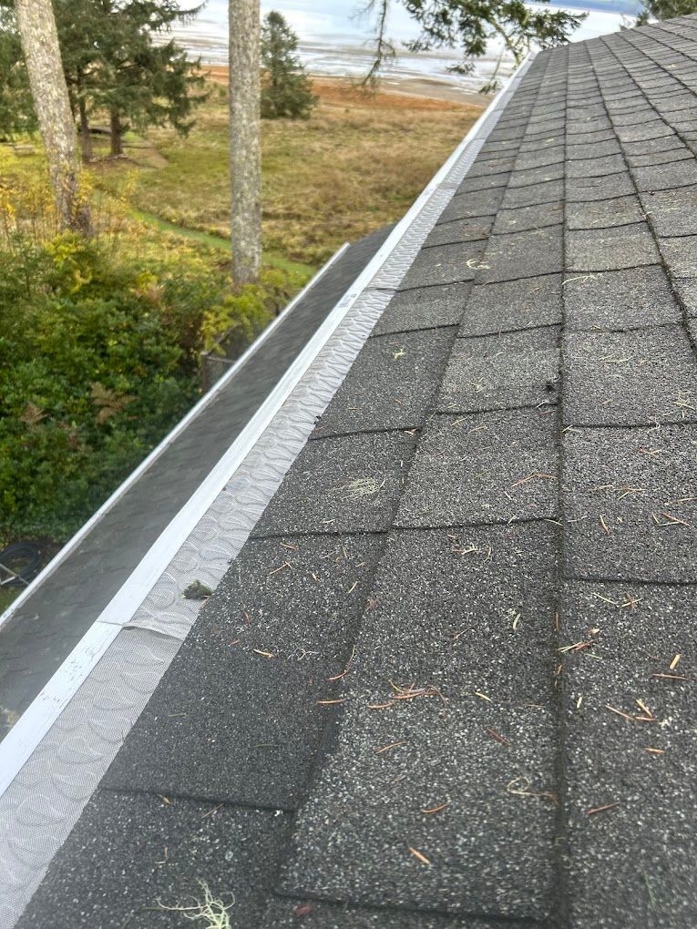 A close up of a roof with a gutter on it.