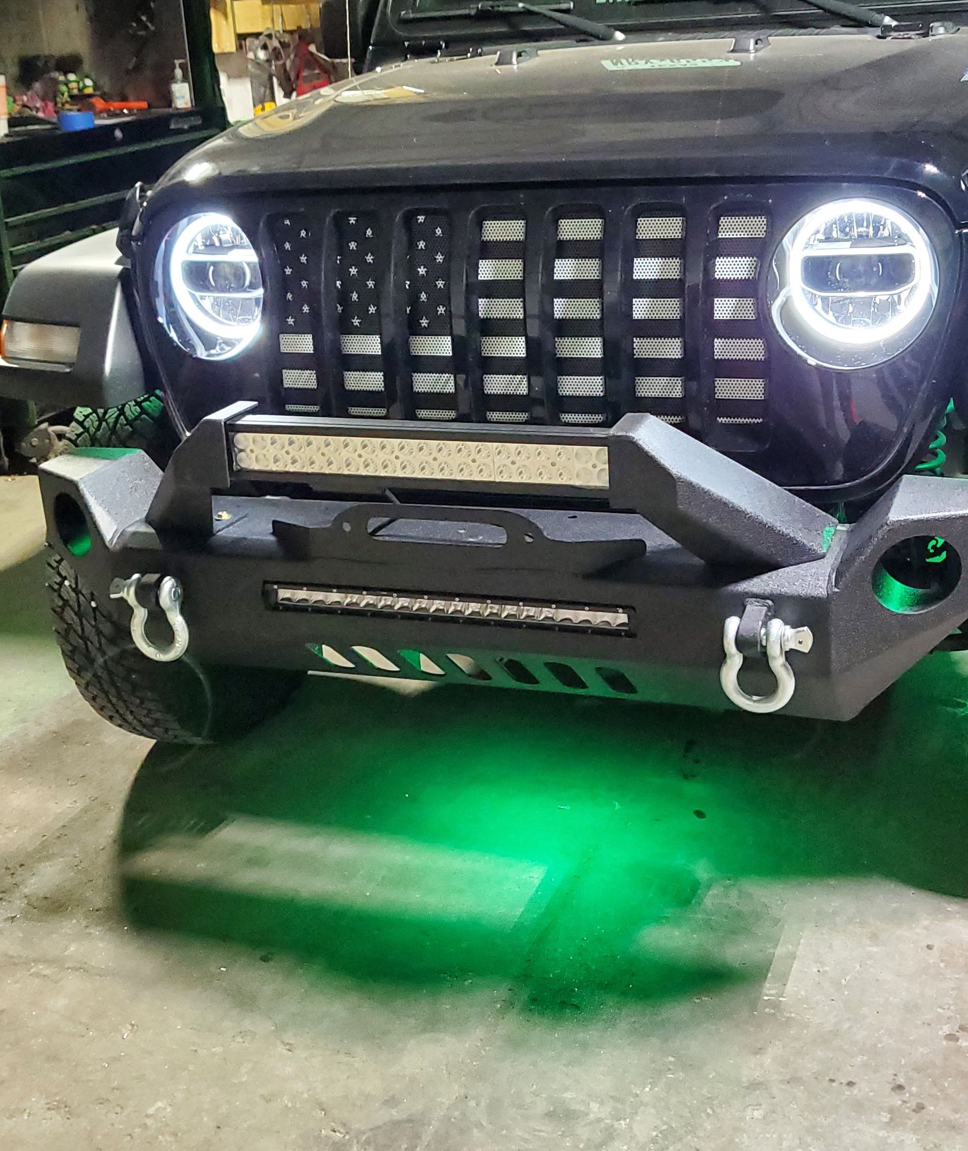 On this 2021 Jeep Rubicon we upfitted the side steps, front bumper and underglow