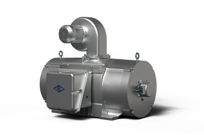 A silver motor with a fan attached to it on a white background.