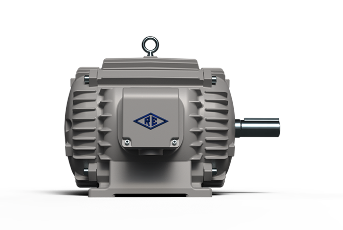 A gray electric motor with a blue logo on it is on a white background.