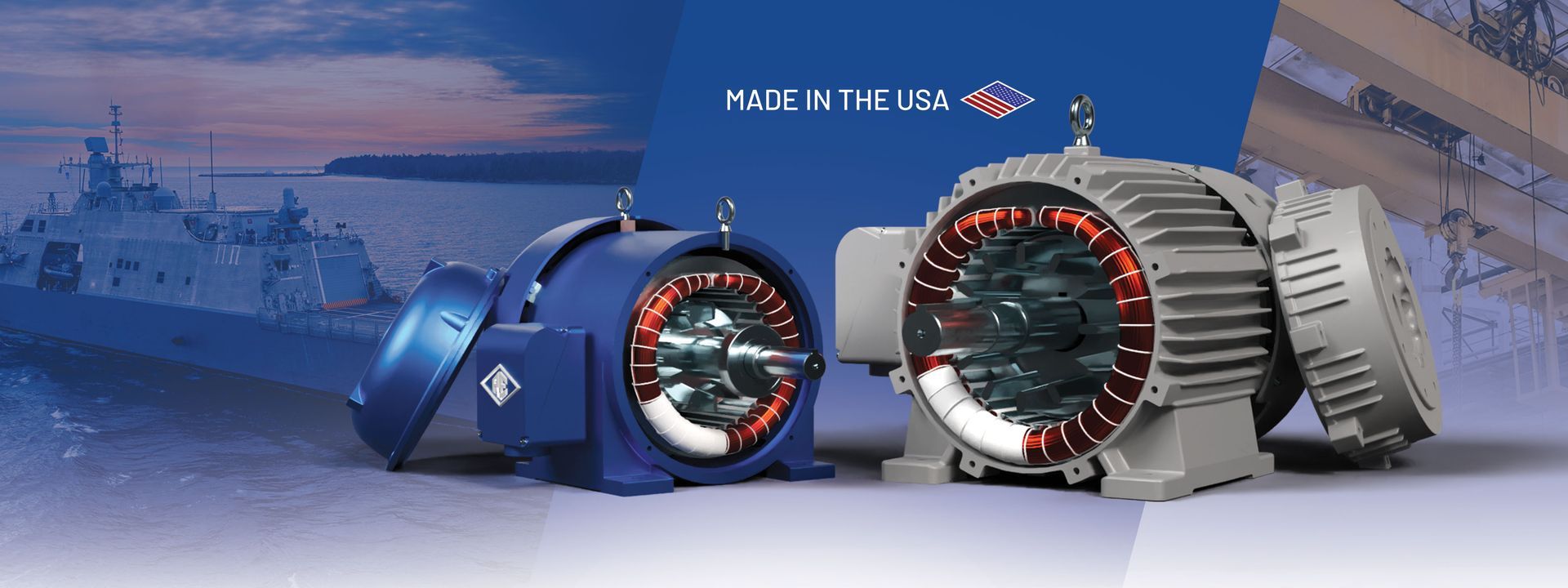 Reuland electric motors with navy ship and a large crane and hoist machine in the background