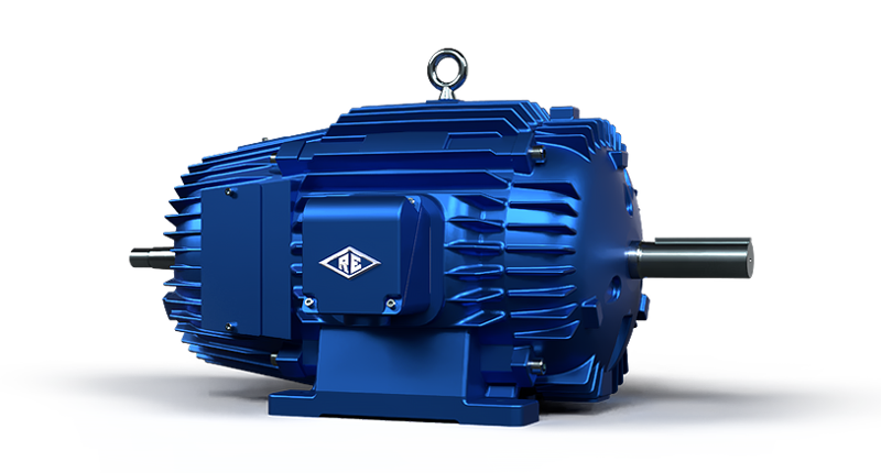 Blue electric motor, with finned casing and output shaft