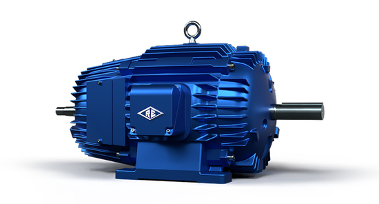 Blue electric motor, with finned casing and output shaft