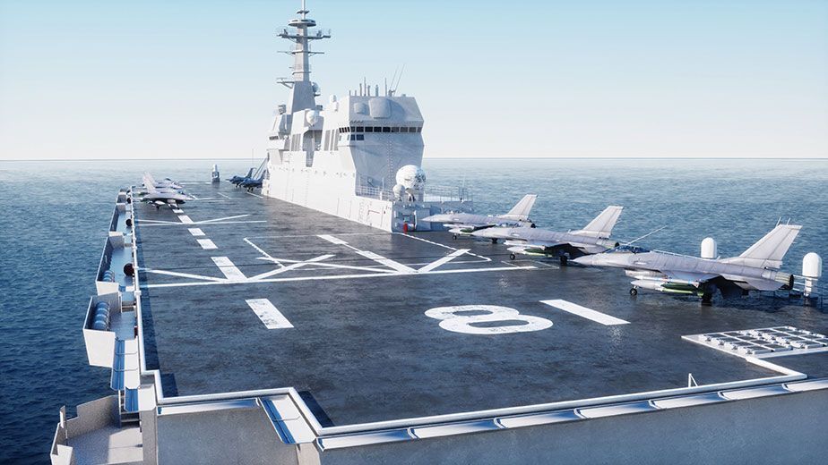 A large military ship is in the middle of the ocean with planes on the deck.