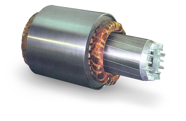 A close up of an electric motor on a white background.