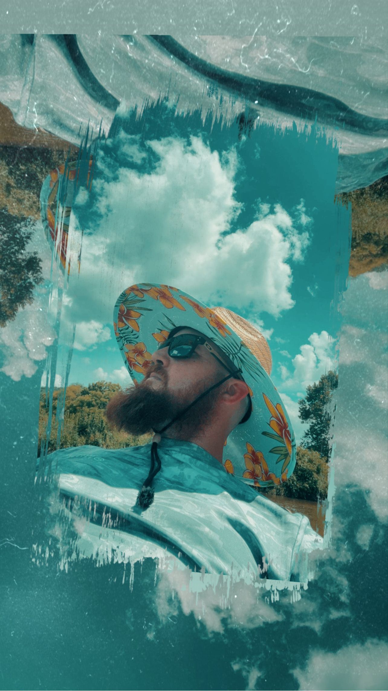 Person wearing hat and sunglasses against a cloudy sky, abstract blue and green design overlay.