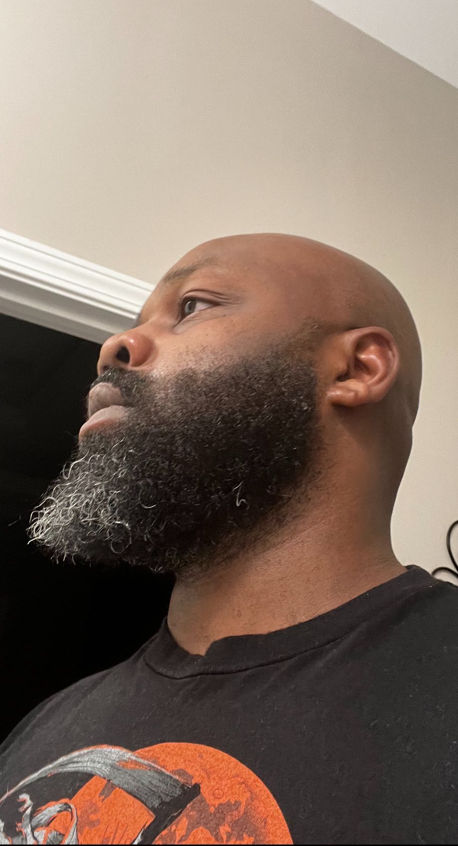 Bald Black man with a full graying beard, looking up and to the side, wearing a black t-shirt.