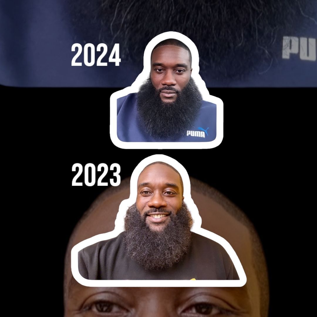 Side-by-side comparison of a man in 2023 and 2024. The man is smiling in both photos with a full beard.