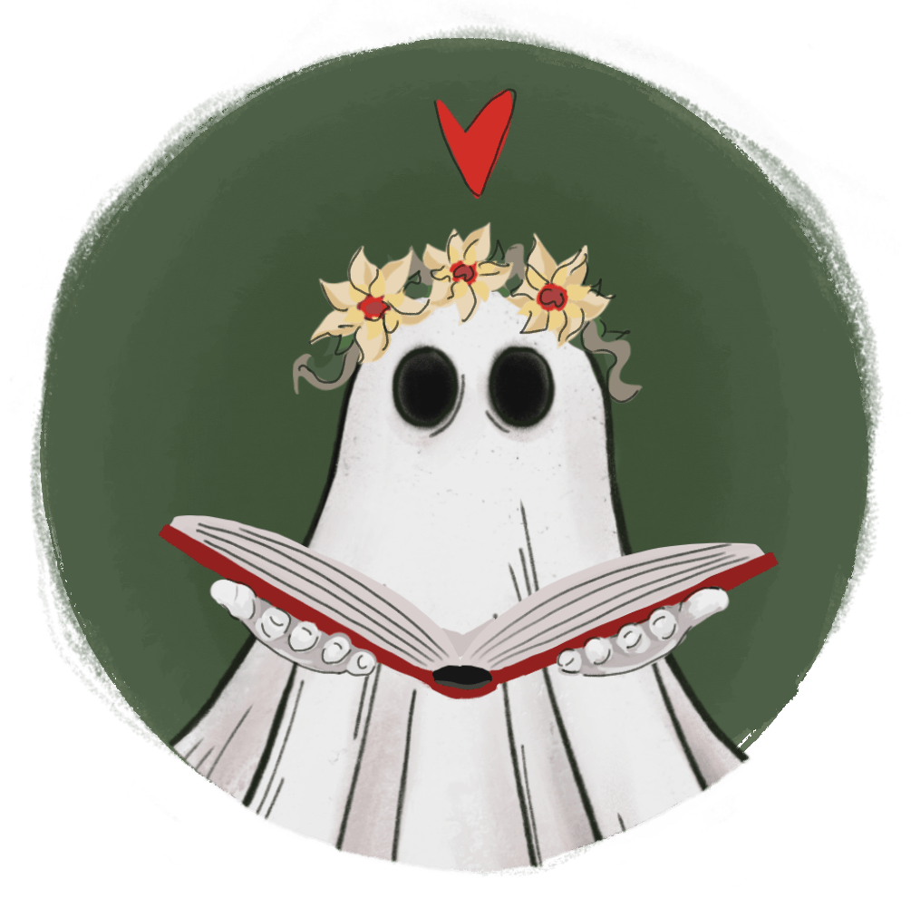 A ghost wearing a flower crown is reading a book.