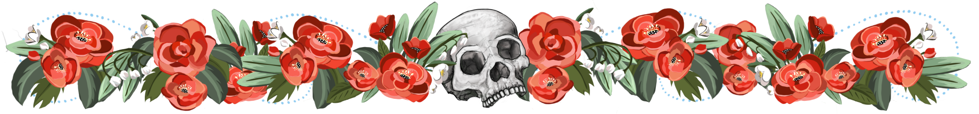 A row of red flowers with green leaves and a skull in the middle.